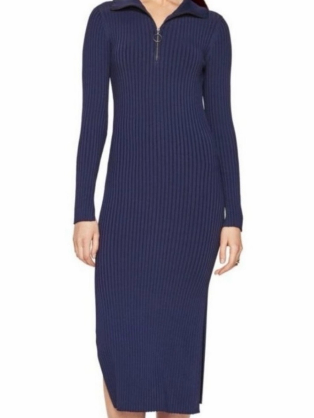 Ribbed BCBG  MAXAZRIA XS Long Sleeve Zip-Neck Midi Dress - Navy